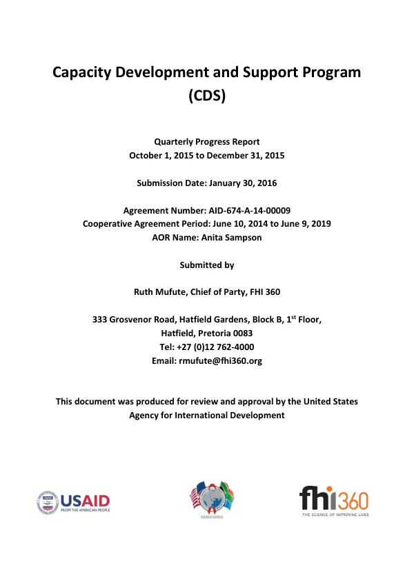 Capacity Development and Support Program (CDS) Quarterly Progress Report October 1, 2015 to December 31, 2015