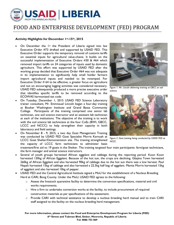 Food and Enterprise Development (FED) Program Activity Highlights for December 1st-15th, 2015
