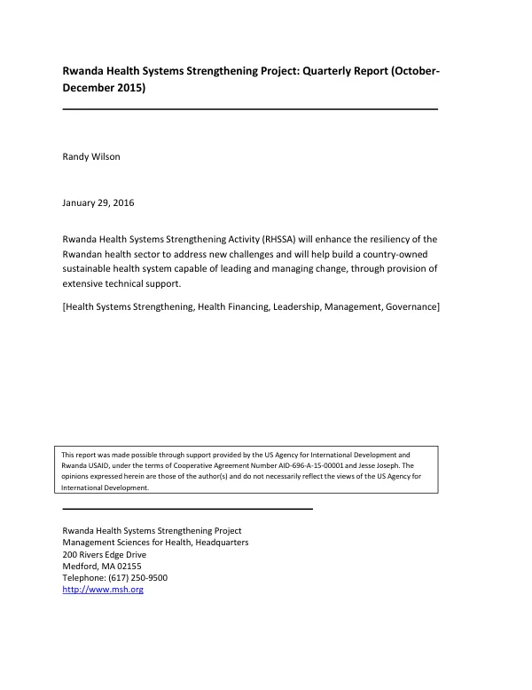 Rwanda Health Systems Strengthening Project: Quarterly Report (October-December 2015)