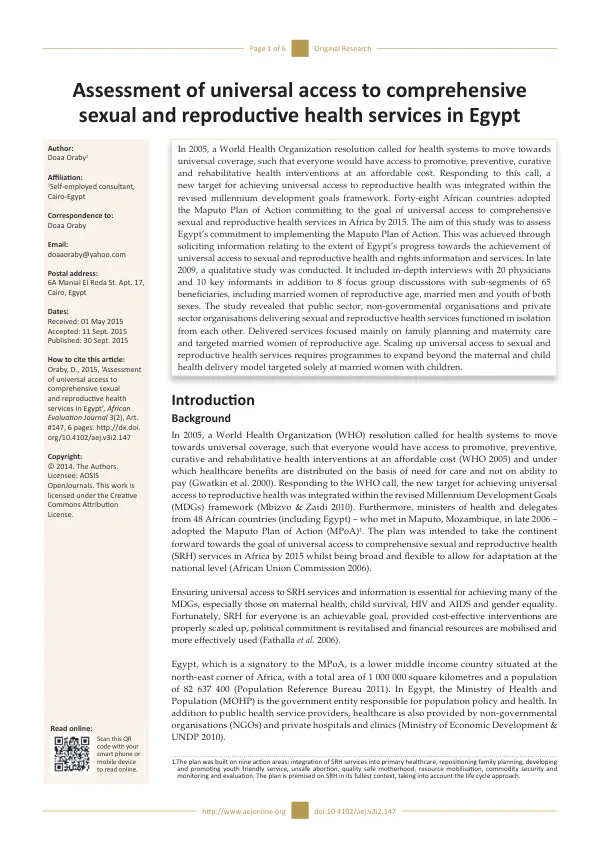 Assessment of universal access to comprehensive sexual and reproductive health services in Egypt