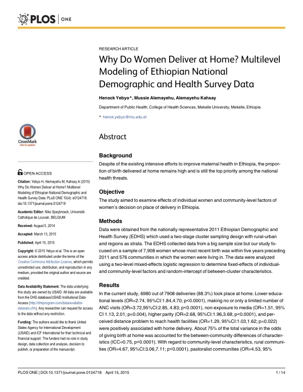 Why Do Women Deliver at Home? Multilevel Modeling of Ethiopian National Demographic and Health Survey Data