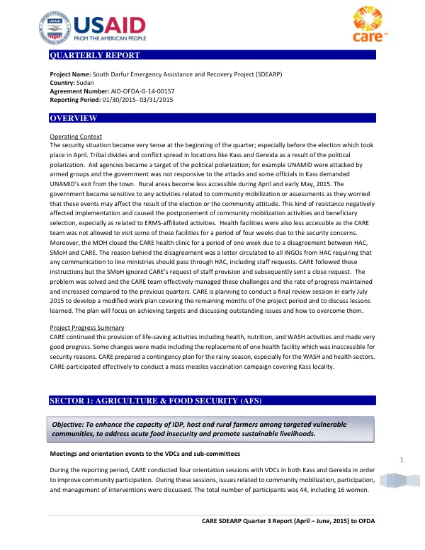 CARE SDEARP Quarter 3 Report (April – June, 2015) to OFDA