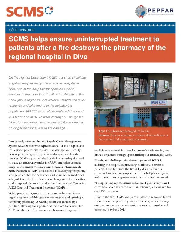 Fire Destroys Pharmacy in Divo, Côte d'Ivoire; SCMS Ensures Uninterrupted Treatment