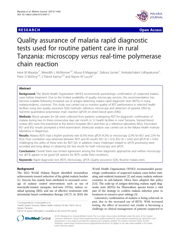 Quality assurance of malaria rapid diagnostic tests used for diagnostic confirmation of malaria in rural Tanzania: microscopy versus real-time polymerase chain reaction