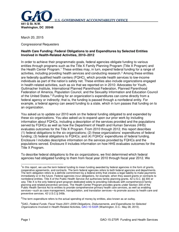 Health Care Funding: Federal Obligations to and Expenditures by Selected Entities Involved in Health-Related Activities, 2010–2012