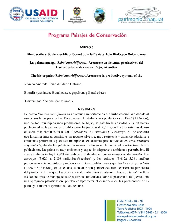 La palma amarga (Sabal mauritiiformis, Arecaeae) en sistemas productivos del Caribe: estudio de caso en Piojó, Atlántico