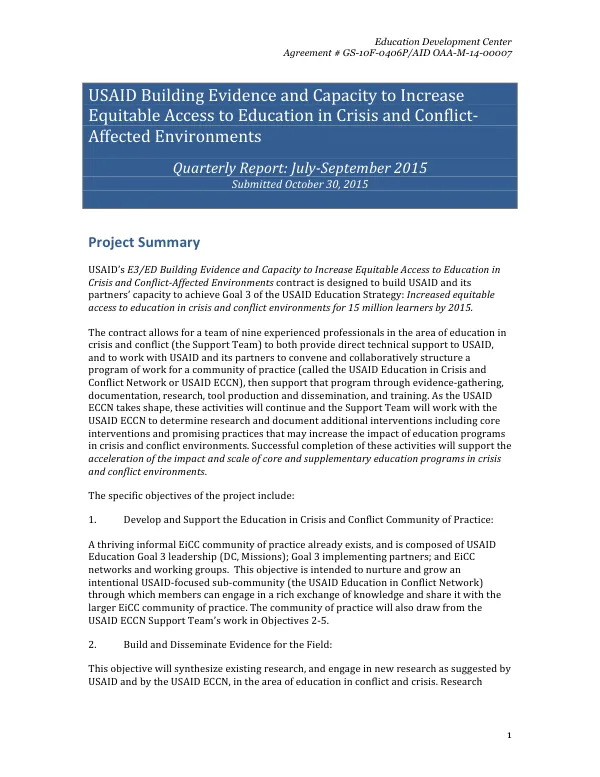 USAID E3/ED Building Evidence and Capacity to Increase Equitable Access to Education in Crisis and Conflict-Affected Environments Quarterly Report: July-September 2015