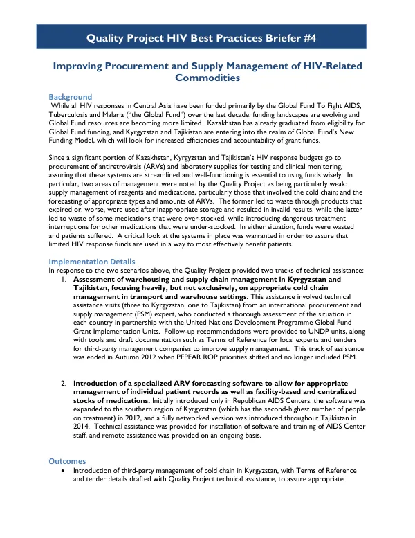 Improving Procurement and Supply Management of HIV-Related Commodities