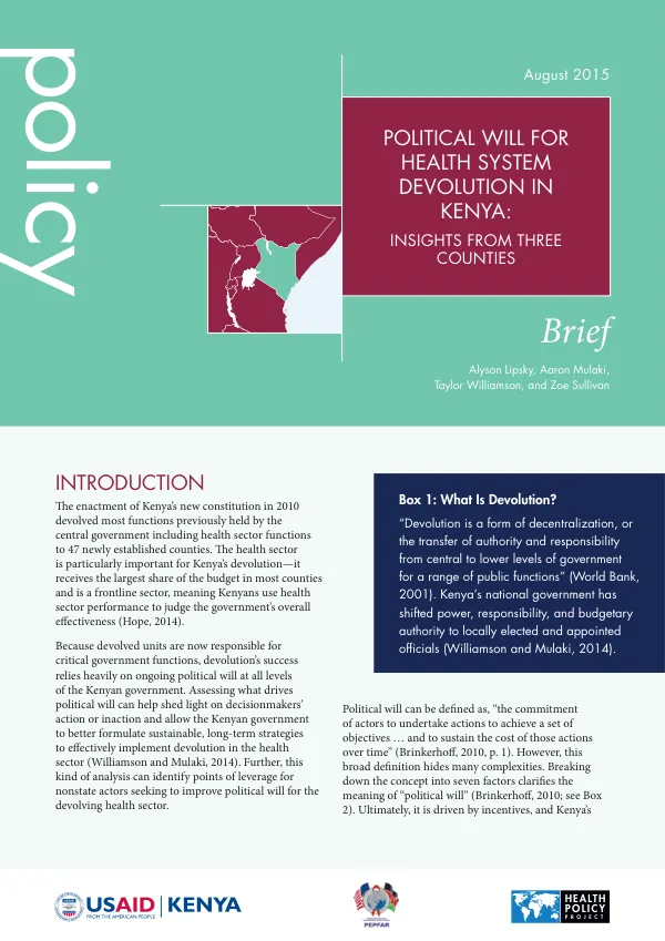 Political Will for Health System Devolution in Kenya: Insights from Three Counties