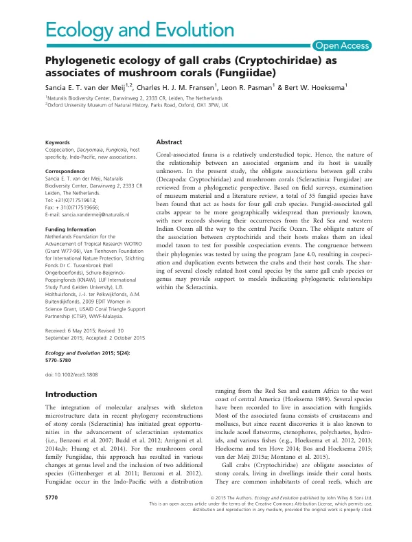 Phylogenetic ecology of gall crabs (Cryptochiridae) as associates of mushroom corals (Fungiidae)