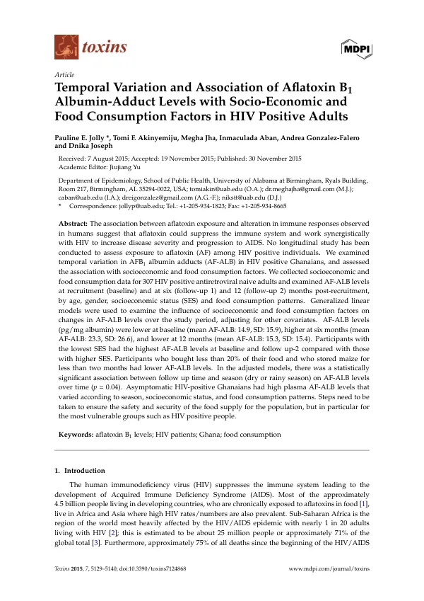 Temporal Variation and Association of Aflatoxin B1 Albumin-Adduct Levels with Socio-Economic and Food Consumption Factors in HIV Positive Adults