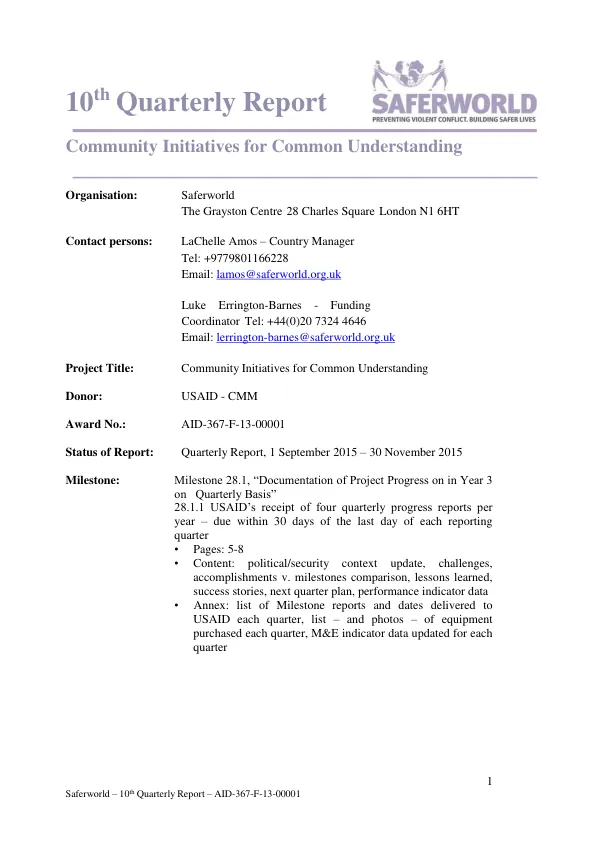 10th Quarterly Report: Community Initiatives for Common Understanding