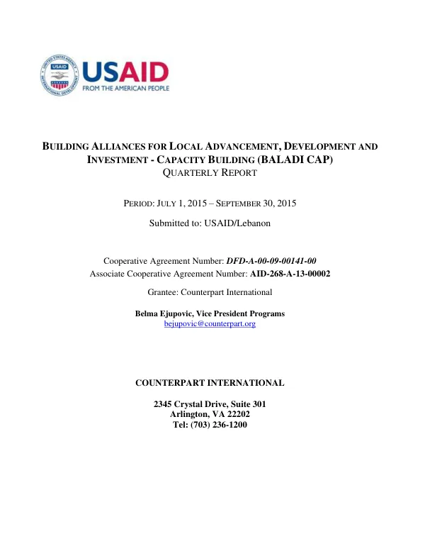 Building Alliances for Local Advancement, Development and Investment - Capacity Building (BALADI CAP) Quarterly Report