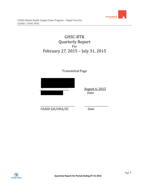 USAID Global Health Supply Chain Program – Rapid Test Kits Quarterly Report for Period Ending 07-31-2015