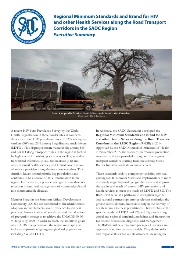 Regional Minimum Standards and Brand for HIV and other Health Services along the Road Transport Corridors in the SADC Region: Executive Summary