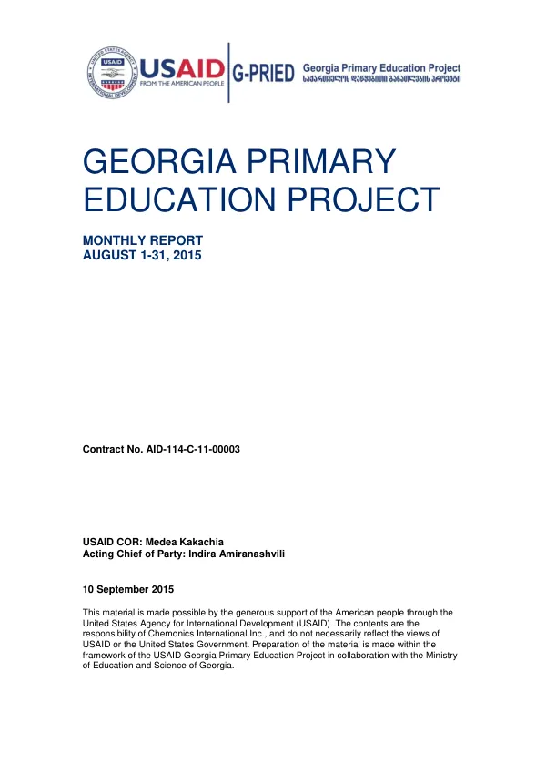 Georgia Primary Education Project Monthly Report August 1-31, 2015