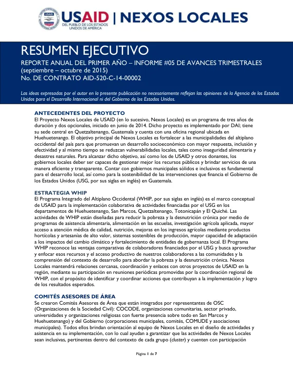 ReporTE Anual Del Primer Año – Informe #05 De Avances Trimestrales (septiembre – octubre de 2015)