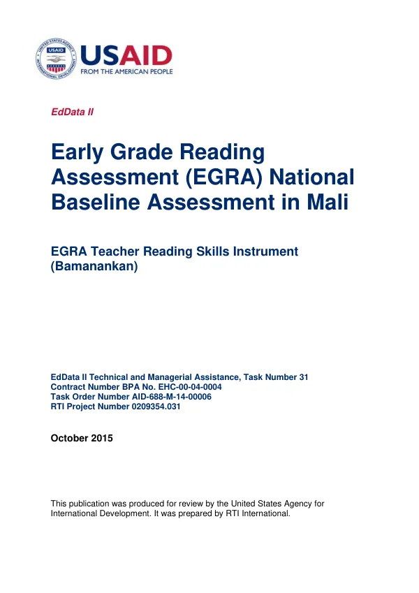 Early Grade Reading Assessment (EGRA) National Baseline Assessment in Mali