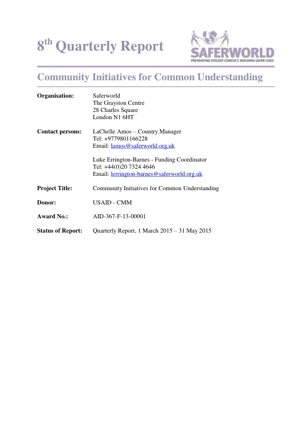 8th Quarterly Report Community Initiatives for Common Understanding