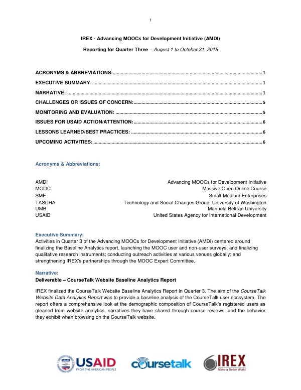 Reporting for Quarter Three – August 1 to October 31, 2015: Advancing MOOCs for Development Initiative (AMDI)