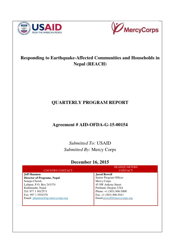 Responding to Earthquake-Affected Communities and Households in Nepal (REACH) Quarterly Program Report
