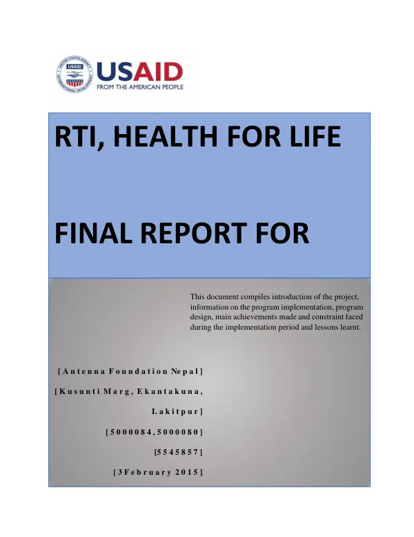 Final Report For RTI, Health For Life