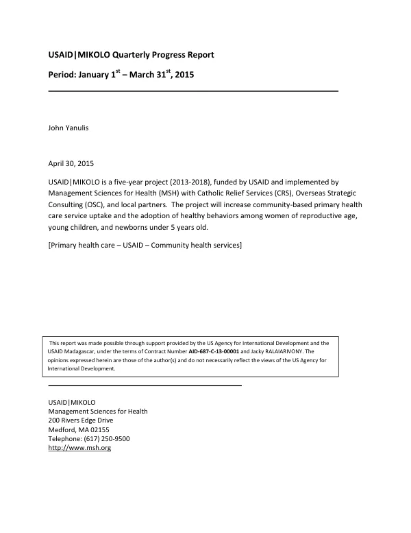 USAID|MIKOLO Quarterly Progress Report