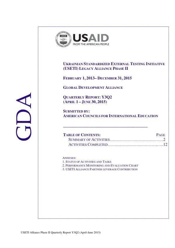 USETI Alliance Phase II Quarterly Report Y3Q2 (April-June 2015)