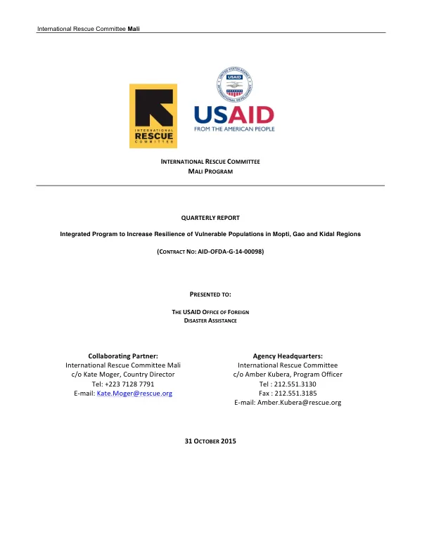 Quarterly Report: Integrated Program to Increase Resilience of Vulnerable Populations in Mopti, Gao and Kidal Regions