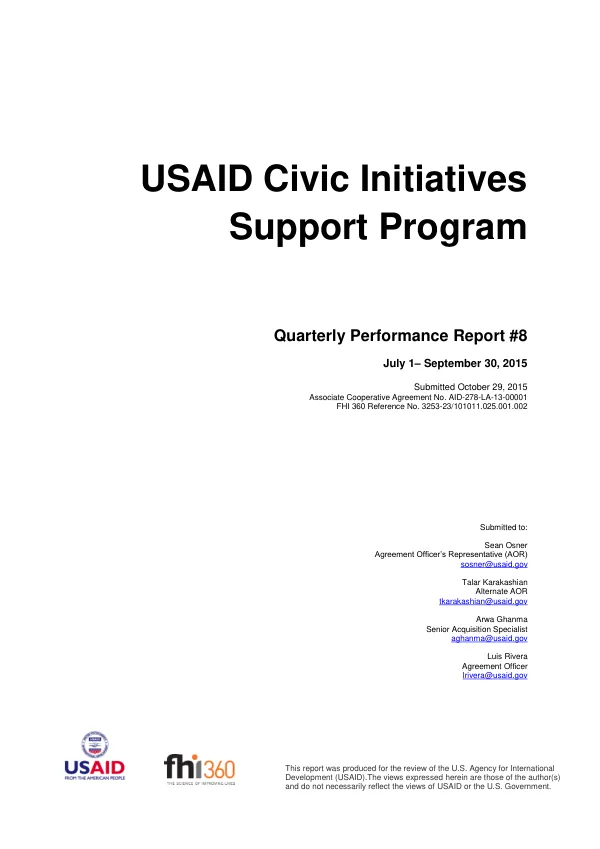 USAID Civic Initiatives Support Program (USAID CIS) – Quarterly Performance Report #8