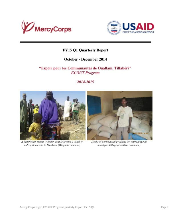 Mercy Corps Niger, ECOUT Program Quarterly Report, FY15 Q1