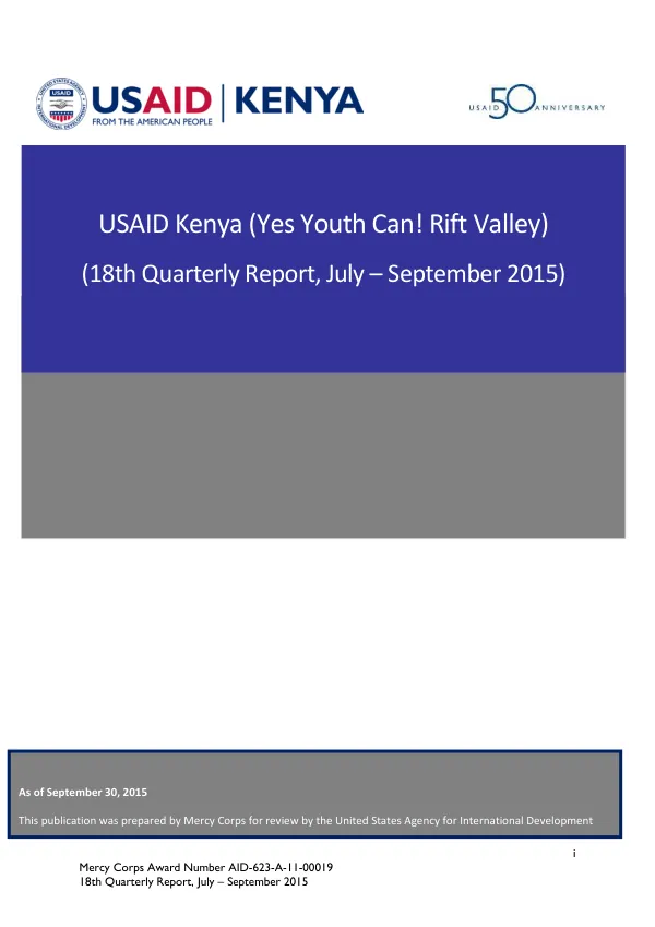 18th Quarterly Report, July – September 2015: Yes Youth Can! Rift Valley FY 2015 Q3 PROGRESS REPORT