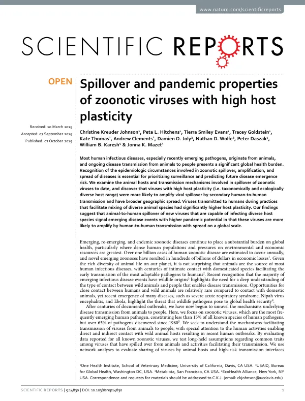 Spillover and pandemic properties of zoonotic viruses with high host plasticity