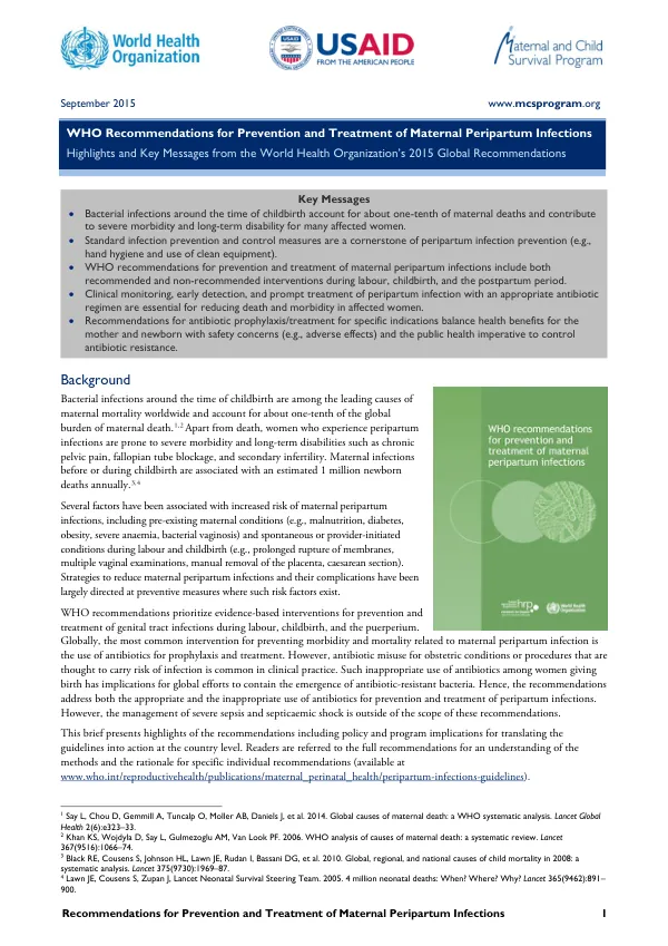 WHO Recommendations for Prevention and Treatment of Maternal Peripartum Infections