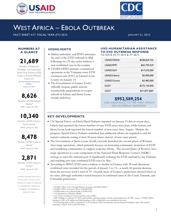 USG Humanitarian Assistance to EVD Outbreak Response to Date in FY 2014 & FY 2015