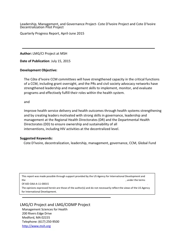 Leadership, Management, and Governance Project- Cote D'Ivoire Project and Cote D'Ivoire Decentralization Pilot Project