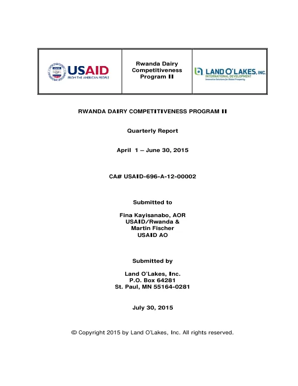 Rwanda Dairy Competitiveness Program II Quarterly Report April 1 – June 30, 2015