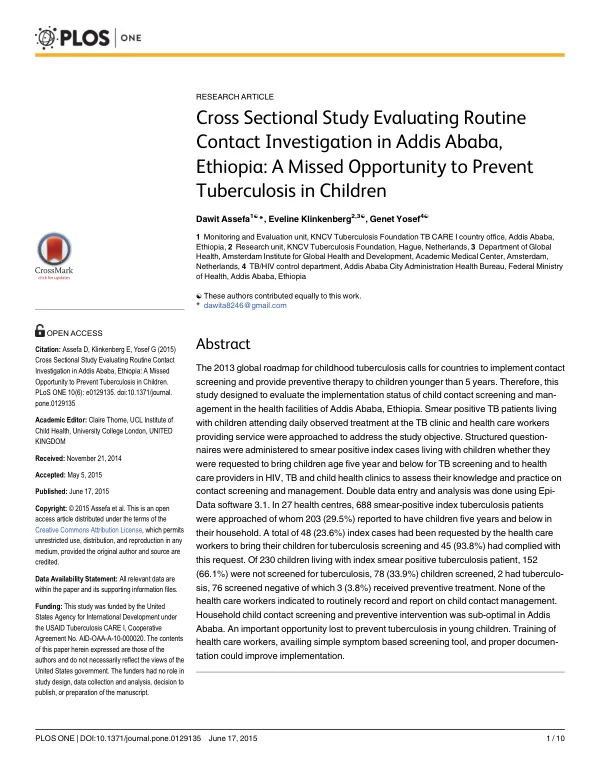 Cross Sectional Study Evaluating Routine Contact Investigation in Addis Ababa, Ethiopia: A Missed Opportunity to Prevent Tuberculosis in Children