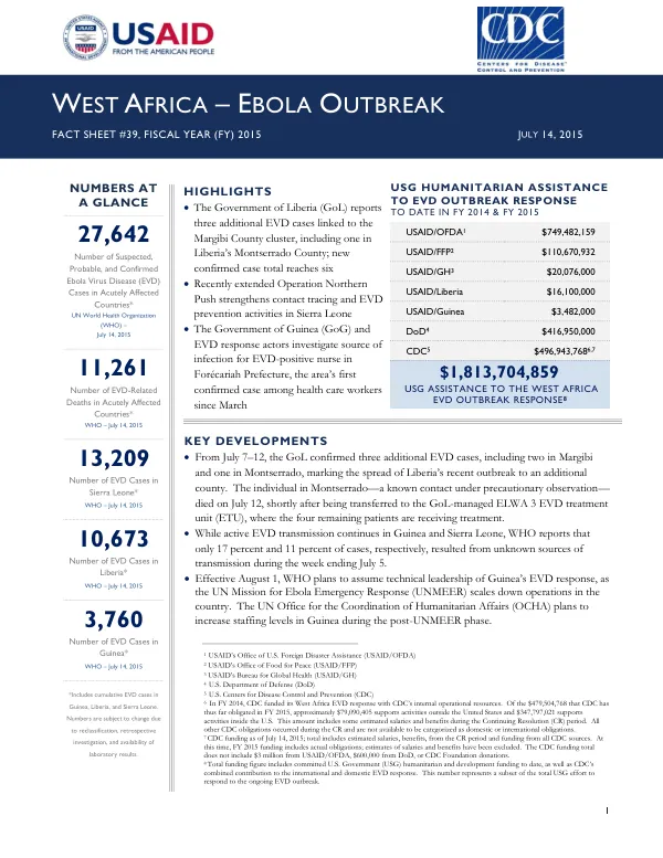 USG HUMANITARIAN ASSISTANCE TO EVD OUTBREAK RESPONSE TO DATE IN FY 2014 & FY 2015
