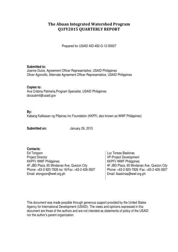 Abuan Integrated Watershed Program Q1FY2015 Quarterly Report