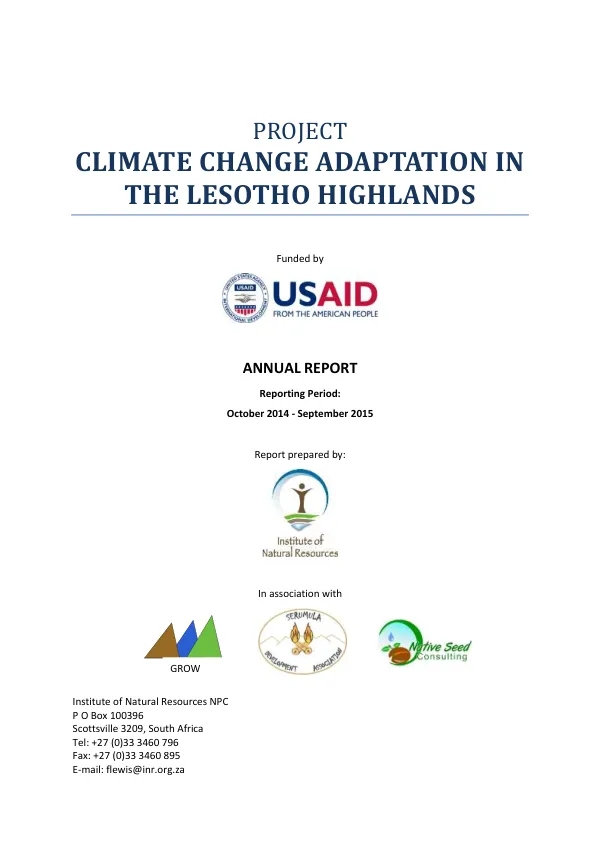 Climate Change Adaptation in the Lesotho Highlands: Annual Report Year 5 (October 2014 – September 2015)