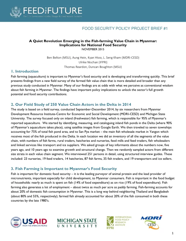 A Quiet Revolution Emerging in the Fish-farming Value Chain in Myanmar: Implications for National Food Security