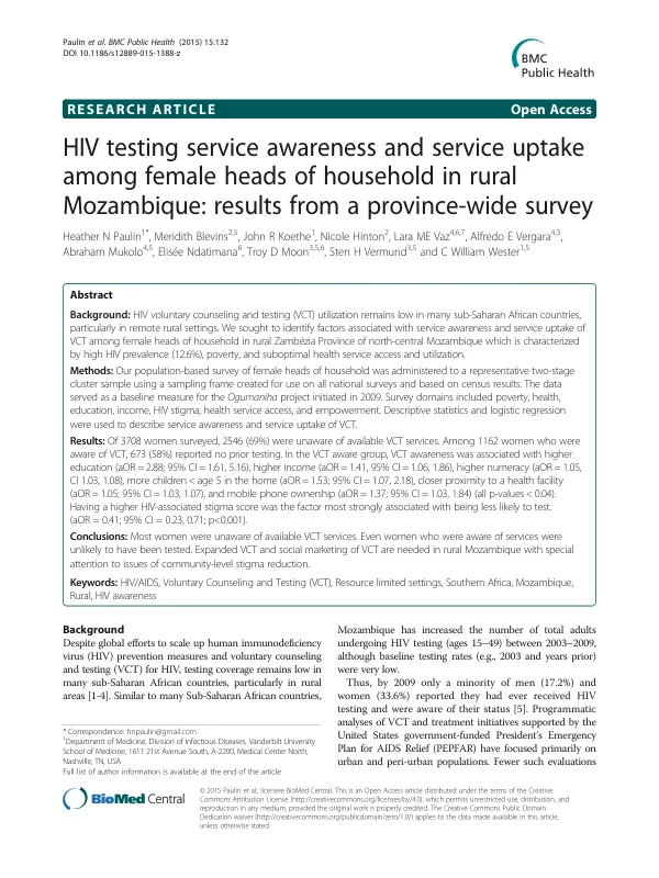 HIV testing service awareness and service uptake among female heads of household in rural Mozambique: results from a province-wide survey