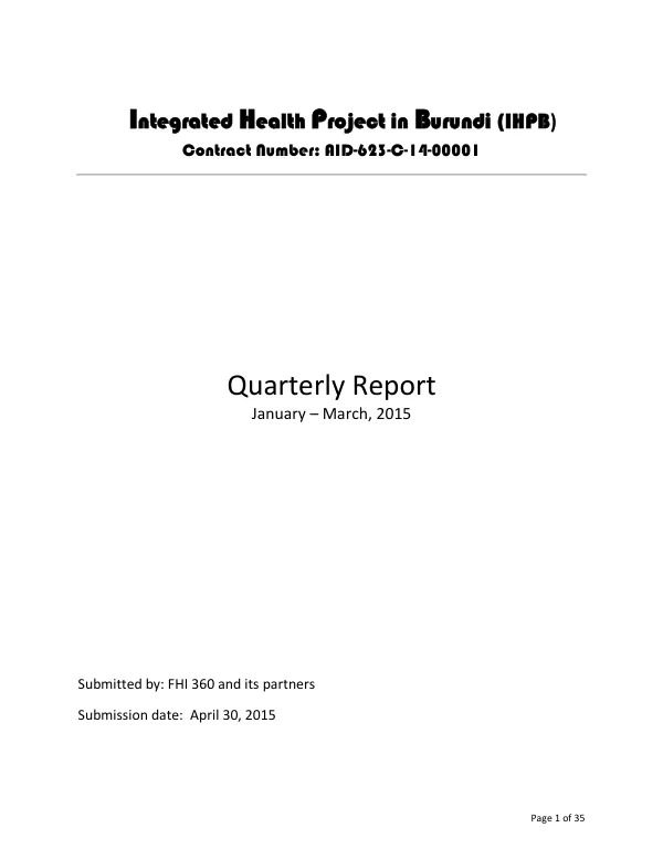 Quarterly Report: Integrated Health Project in Burundi (IHPB)