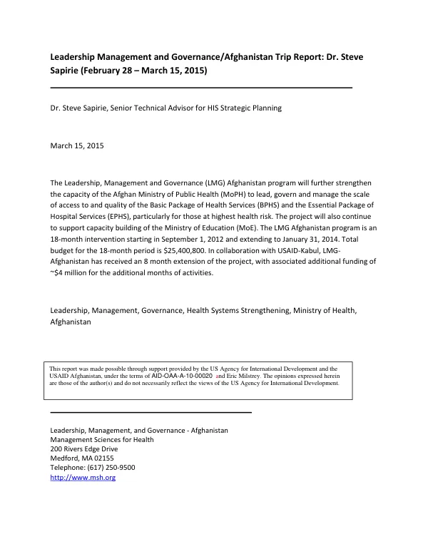 Leadership, Management and Governance/Afghanistan Trip Report: Dr. Steve Sapirie (February 28 – March 15, 2015)
