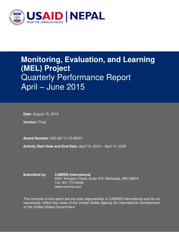 Quarterly Performance Report: Monitoring, Evaluation, and Learning Project, April – June 2015