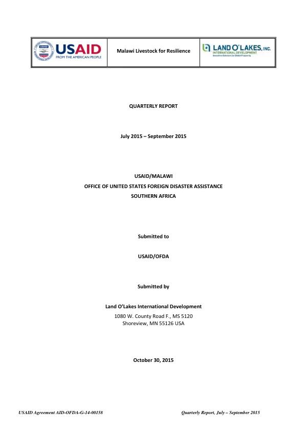 Malawi Livestock for Resilience Quarterly Report, July 2015 – September 2015