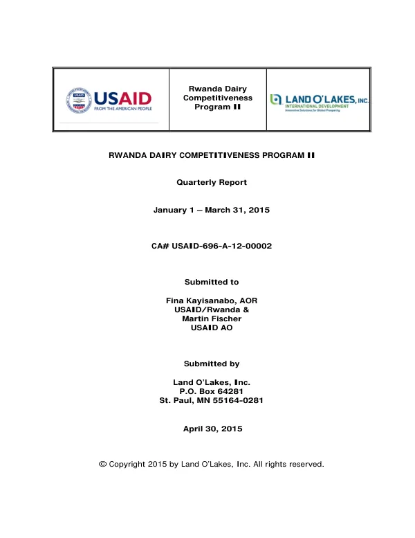 Rwanda Dairy Competitiveness Program II Quarterly Report January 1 – March 31, 2015