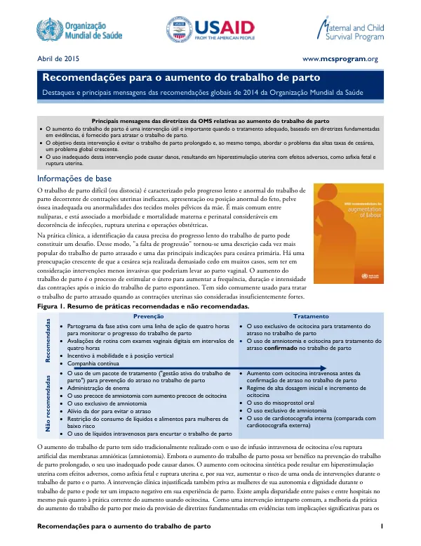 Recomendações para o aumento do trabalho de parto