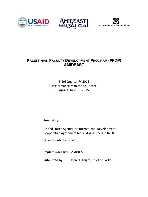 Palestinian Faculty Development Program (PFDP) Third Quarter FY 2015 Performance Monitoring Report